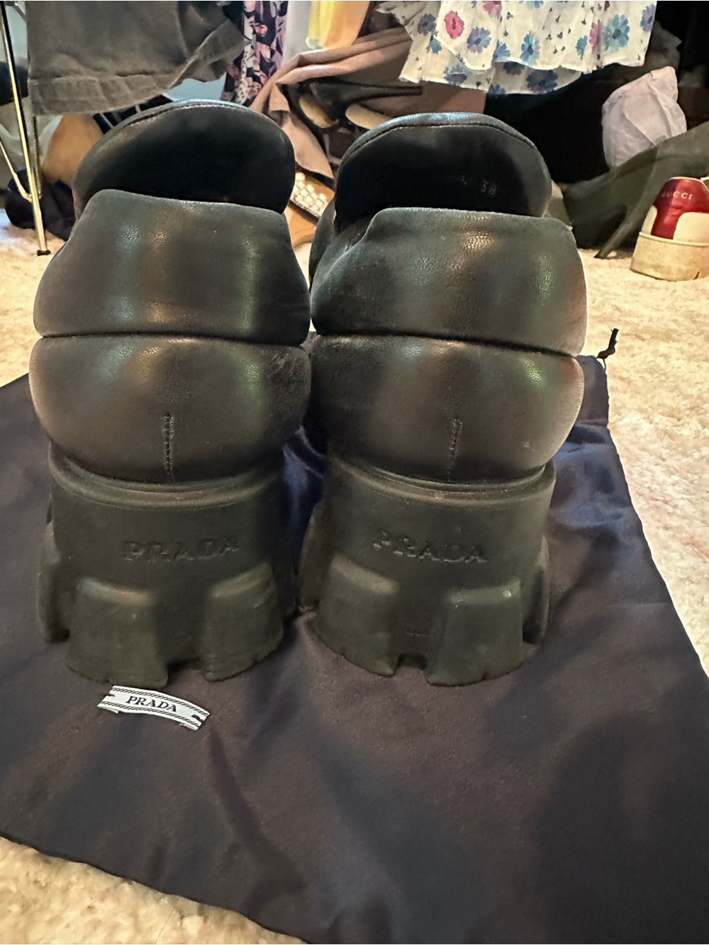Prada Black Men's Leather Padded Slip-On Loafers with Triangle Logo - Picture 4 of 8